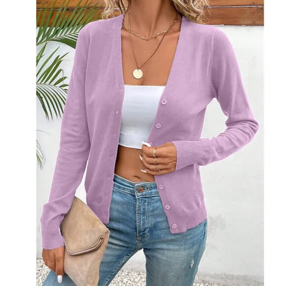 Long Sleeve V-Neck Button Down Cardigan Knit Shrugs Sweater - Picture 1 of 1
